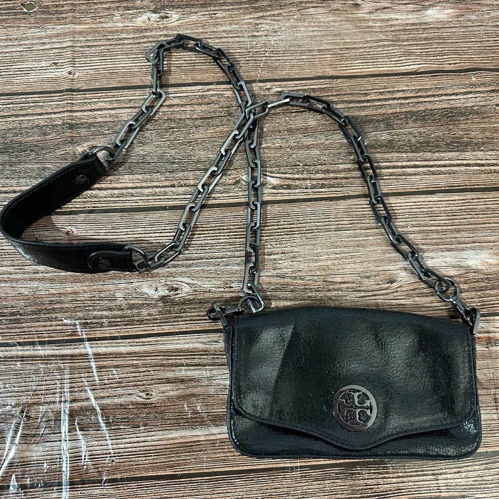 Tory Burch Small Black Leather Crossbody Bag Chain Strap Shimmery No Dust bag